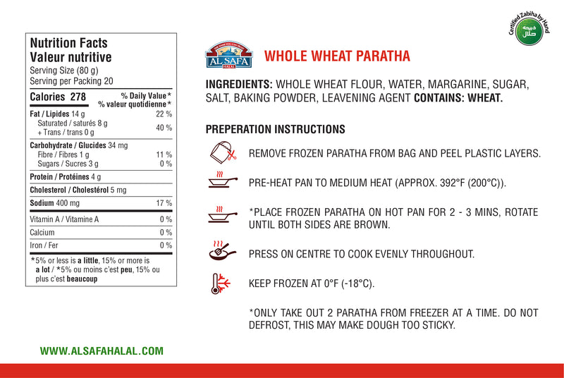 Whole Wheat Paratha (20pc) | shop-al-safa-foods